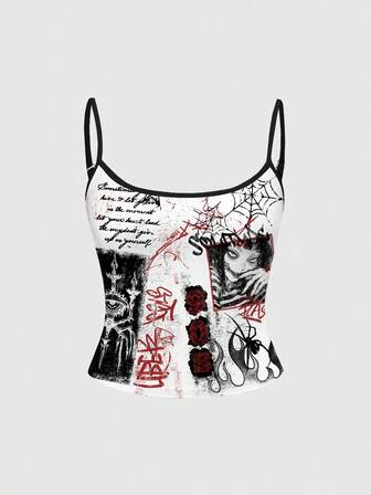 Anime Canottiera da donna con grafica gotica orrore, fiamma, occhio, croce, candela, ragno e slogan con sangue