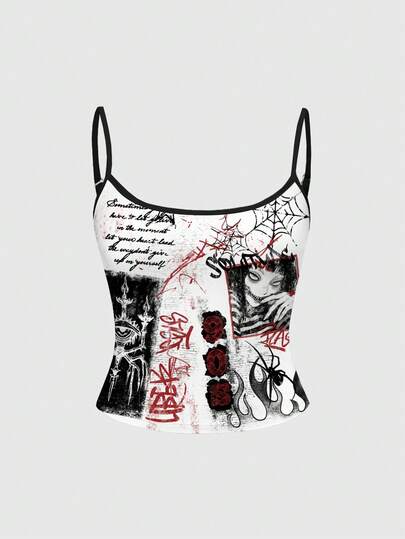 Anime ملابس علوية خزان نسائي مطبوع بشعار الرعب الجوتي، العين المشتعلة، الصليب، الشمعة، العنكبوت، والدم