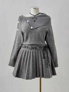 Sunspun 新款秋冬性感俏皮翻领百褶下摆针织连衣裙 - 灰色 - 查看 5