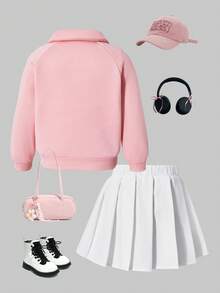 SHEIN ChillGRL 2pcs/Set Girls Elegant School Style Long Sleeve Fleece Sweatshirt With Peter Pan Collar And Pleated Skirt, Autumn/Winter - Multicolor - View 2