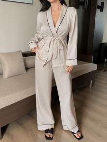 DAZY Women's Simple Contrast Trim Pajama Set, Autumn/Winter - Apricot - View 3