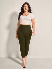 Comfylo 大码休闲纯色高腰舒适裤 - 軍綠色 - 查看 5