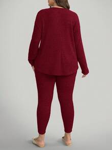 Comfylo 2pcs Plus Size Casual Solid Color Long Sleeve Top And Pants Set