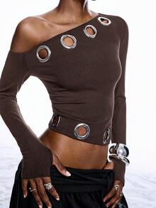 LYSMO 新款极简主义冬季女装通勤时尚不对称镂空肩长袖T恤，咖啡棕色单肩上衣，镂空上衣，单袖上衣，棕色短款上衣，冬季女装新年圣诞节 - 咖啡棕 - 查看 4