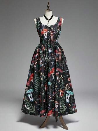 Goth Plus Size Mushroom Forest Fern Plant Print Dress, Backless, Tie-Up, Vintage Autumn/Winter Long Retro Palace Style Mushroom Pattern Dress For Women