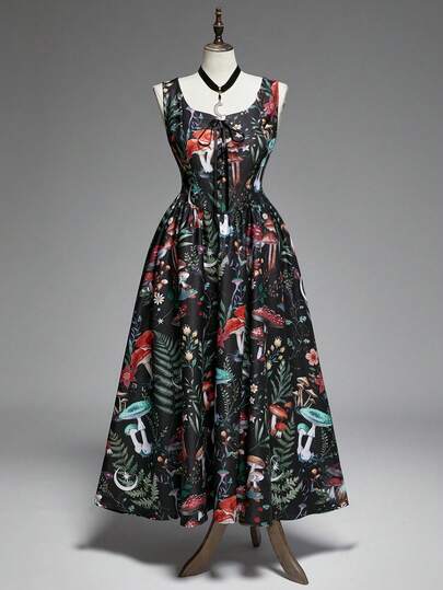 Goth Abito da donna taglia comoda con stampa di funghi, felci e piante della foresta, senza schienale, con lacci, stile vintage vintage autunnale/invernale lungo in stile palazzo con motivo a funghi