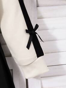 SHEIN 2pcs/Set Tween Girls' School Style Collared Sweatshirt With English Print Paired With Fashionable Pleated Skirt, Featuring Contrast Sleeve Ribbon And Bow Decor, Comfortable Knit Fabric, Youthful Vibe, Suitable For School Or Casual Outings - Multicolor - View 4