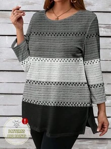 EMERY ROSE Casual Minimalist Black & Gray Striped Print Plus Size Women Round Neck T-Shirt, Spring/Autumn Grey Tops For Women - Multicolor - View 1