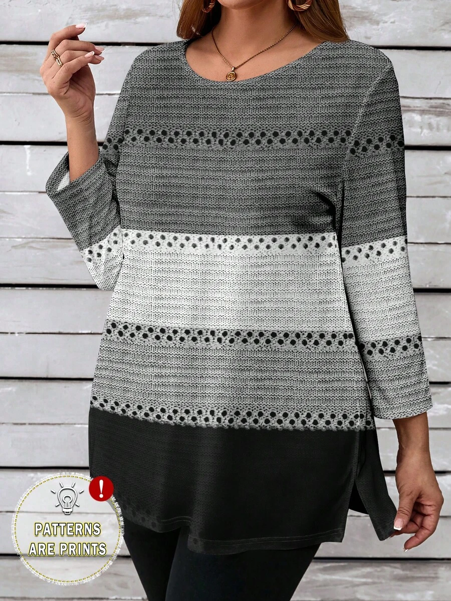 EMERY ROSE Casual Minimalist Black & Gray Striped Print Plus Size Women Round Neck T-Shirt, Spring/Autumn Grey Tops For Women - Multicolor - View 1