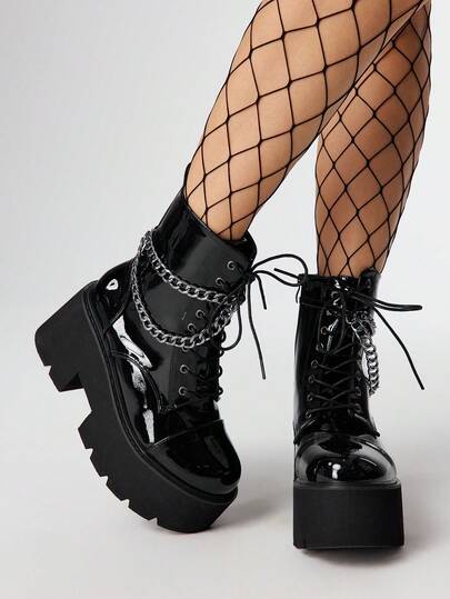 بوت الكاحل ذات الكعب السميك والنعل السميك بطراز بانك للنساء، بوت منصة ذات سلسلة معدنية بطراز جوثيك، بوت قتالية مريحة