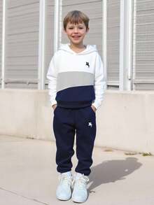 Vacaura 2 Stücke Jungen Lässig Kapuzen Patchwork Sweatshirt und Kordelzug Jogginghose Set - Verschiedenfarbig - Übersicht 6
