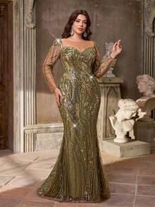 Aureia فستان أنيق فاخر مطرز بالترتر الأخضر مع فتحة رقبة، أكمام طويلة، قصة ذيل حورية البحر، مناسب للمناسبات الرسمية، الحفلات، المواعيد، الزفاف، السهرات، العطلات، بداية العام الدراسي