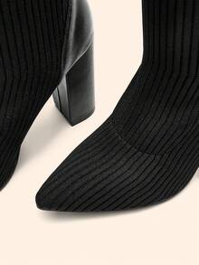 CUCCOO BASICS 女士时尚黑色针织弹力面料尖头粗跟中筒靴，修身长靴，适合通勤、约会、派对、度假 - 黑色 - 查看 11