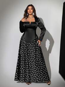 Viva Relle Plus Size 2 Pieces Set: Sexy Square Neck Long Sleeve Top & Polka Dot Print Skirt - Black - View 5