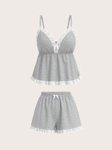 SHEIN PETITE 2pcs Knit Padded Camisole Top And Lace Trim Shorts Set, Summer - Grey - View 1