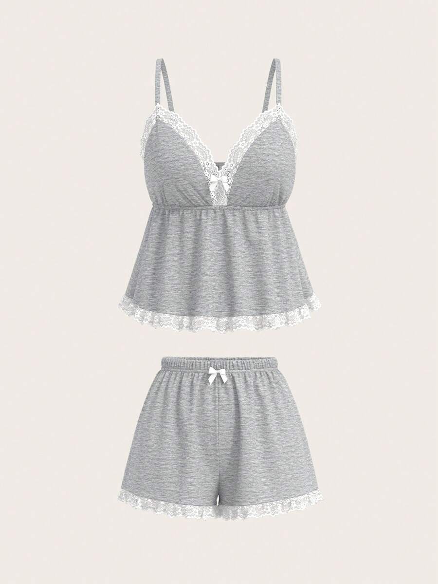 SHEIN PETITE 2pcs Knit Padded Camisole Top And Lace Trim Shorts Set, Summer - Grey - View 1