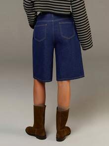 Athîral Women's Dark Blue Stretch Denim Bermuda Shorts, Classic Casual Jeans For Everyday Wear