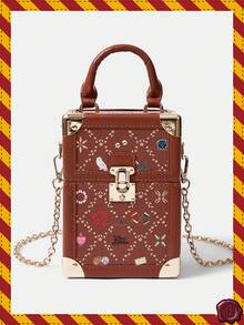 HARRY POTTER X SHEIN 复古棕色盒子斜挎包，印有可爱图案，小巧的手提包，Y2K 圣诞节礼物之选，适合节日和派对 - 咖啡 - 查看 3