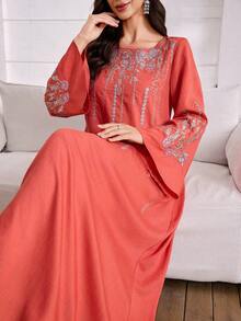 SHEIN Najma 女士优雅刺绣圆领长袖睡袍 - 亮橙色 - 查看 7