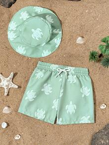 2pcs Baby Boys Swimwear Set, Cute Green Sea Turtle Pattern Swim Trunks With Detachable Hat, Adjustable Drawstring Beach Shorts - Multicolor - View 1