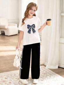 2pcs/Set Girls Rhinestone Bow Decor Top And Striped Bow Pants Outfit, Street Fashion - Black - View 6