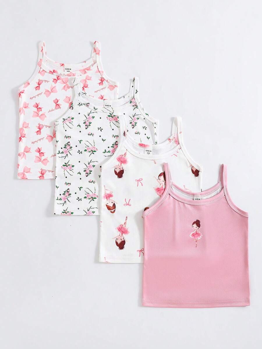 SHEIN Young Girls Undershirt-Camisole Tank Top Pack Of 4 Ballerina Floral Print Pink White Spaghetti Straps Lightweight Soft Breathable Stretchy Layering Sleepwear Everyday Toddler Cute Comfort Loungewear Party Holiday 2026 New Year Essential Four Seasons - Multicolor - View 1