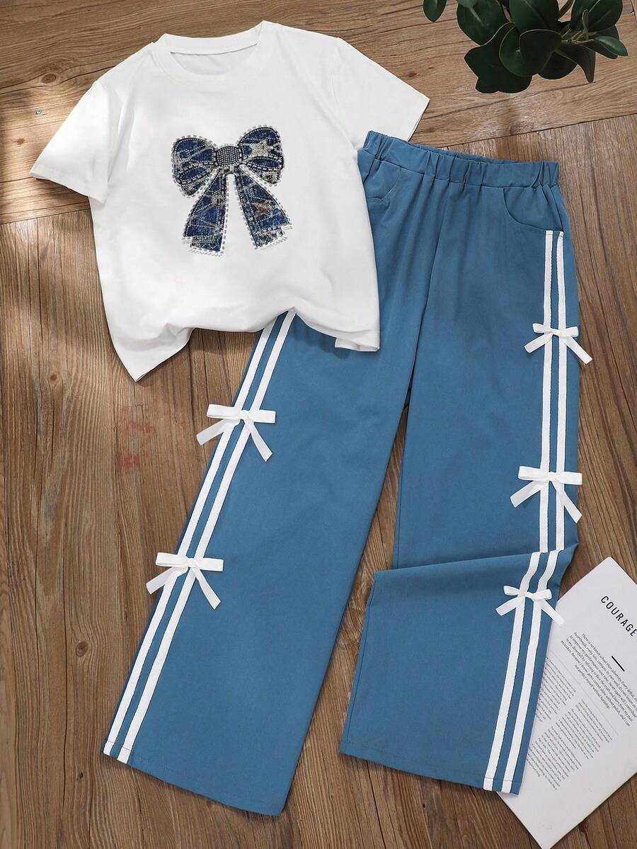 2pcs/Set Baju Anak Perempuan Atasan Berhiaskan Pita Rhinestone dan Celana Panjang Bergaris dengan Pita, Gaya Jalanan - Biru - View 1
