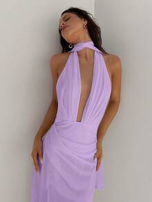 Aloruh 女式深 V 领、露背、腰带装饰雪纺连衣裙、腰部收紧 A 字形轮廓，适合婚礼派对夏季假期 - 紫羅蘭色 - 查看 4