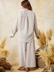 SHEIN BOHO 2pcs Maternity Set: Striped Drop Shoulder Long Sleeve Shirt And Adjustable Waist Wide Leg Pants, Casual