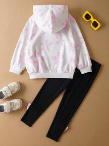 SpongeBob SquarePants | SHEIN Young Girl Cute Cartoon & Pink Floral Pattern Hooded Sweatshirt And Black Bow Tie Pants Set - Pink - View 2