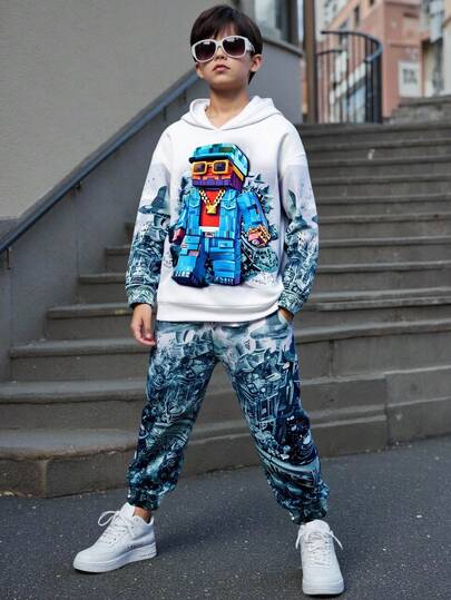 SHEIN 2 件青少年男孩休闲街头时尚图案运动衫和运动裤套装，适合通勤、上学、日常休闲、旅行、运动、春夏秋冬，羊毛，加厚