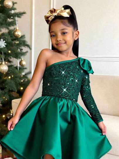 Young Girl Casual Fashion Asymmetrical Shoulder Long Sleeve Dress