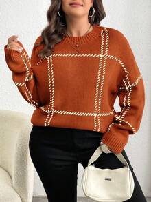 Elenzga Plus Size Casual Colorblock Plaid Knit Sweater, Autumn/Winter Fall - Orange - View 3