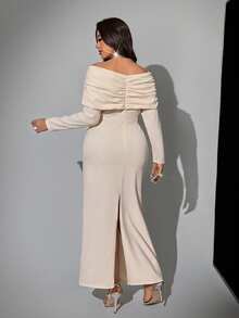 Viva Relle 大码女士优雅浪漫奢华钻石装饰无肩带收腰长袖连衣裙，秋冬款 - 杏色 - 查看 6