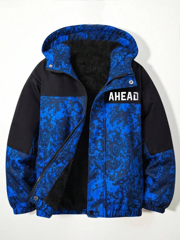 1pc Boys' Camouflage Hooded Fleece Jacket, Versatile For Daily Wear, Winter Fall