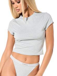 SUMWON WOMEN Short Sleeve Baby Tee And High Waisted Thong Co-Ord Lounge Set With Crew Neckline Cropped Top Fitted Style For Casual Comfortable Everyday Wear - Grey - View 4