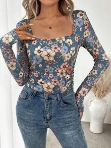 SHEIN LUNE Women's Casual Floral Print Crew Neck Fitted Long Sleeve T-Shirt, Autumn - Multicolor - View 3