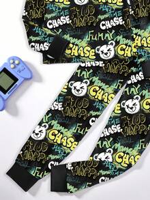 一套男童夜光字母和熊涂鸦印花睡衣套装，长袖上衣和长裤睡衣 - 黑色 - 查看 6