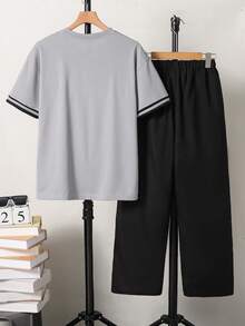 Vacaura 青少年男孩两件套服装，灰色短袖 T 恤搭配休闲长裤，春夏套装 - 灰色 - 查看 2