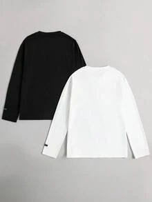 Vacaura 2件/套 青少年男童纯色简约时尚圆领长袖T恤，黑白两色可选，面料舒适，颜色百搭，适合上学和休闲穿着，秋冬季T恤2件装 男童长袖上衣 青少年长袖T恤 长袖衬衫 秋季