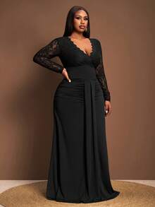 Veslaya 秋冬新款 Y2K 复古优雅精致基础款日常鸡尾酒会假日通勤大码奢华派对优雅纯色修身法式优雅休闲长款蕾丝长袖连衣裙，适合大码女性，适合派对场合 - 黑色连衣裙 黑色大码正式礼服 大码晚礼服 曲线正式晚礼服 曲线连衣裙 黑色蕾丝长袖连衣裙 黑色长款连衣裙 情人节装扮 - 黑色 - 查看 12