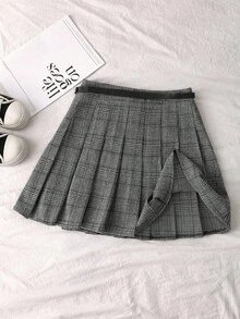 Franclia 女士时尚格子休闲百搭短百褶裙 - 灰色 - 查看 2