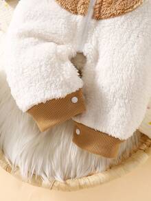 SHEIN Newborn Baby Cute Cartoon Romper, Infant Winter Jumpsuit Playsuit, Stylish Hooded Cotton Outerwear - Khaki - View 5