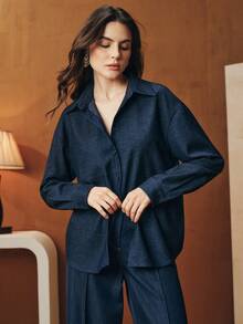 Anewsta Embroidered & Beaded Butterfly Pattern Women's Long Sleeve Blouse - Blue - View 7