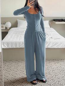 DAZY 女士抓绒针织修身上衣和宽松睡裤两件套，秋冬家居服 - 藍色 - 查看 4