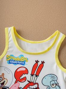 SpongeBob SquarePants | SHEIN Young Boy Cute Cartoon Pattern Contrast Trim Tank Top And Boxer Briefs Under Set, Summer