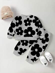 1 Set Baby Girls Casual Chic Floral Print Crew Neck Long Sleeve Sweatshirt And Sweatpants Set, Cozy For Outings, Sports And Leisure Wear, Autumn/Winter - Multicolor - View 2