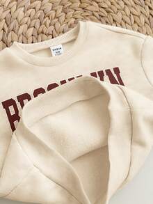 SHEIN 女婴可爱灰色字母印花长袖卫衣裤套装，秋冬款 - 卡其色 - 查看 5