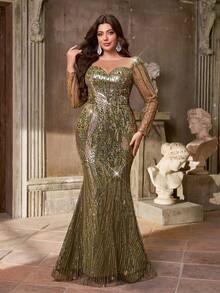 Aureia فستان أنيق فاخر مطرز بالترتر الأخضر مع فتحة رقبة، أكمام طويلة، قصة ذيل حورية البحر، مناسب للمناسبات الرسمية، الحفلات، المواعيد، الزفاف، السهرات، العطلات، بداية العام الدراسي