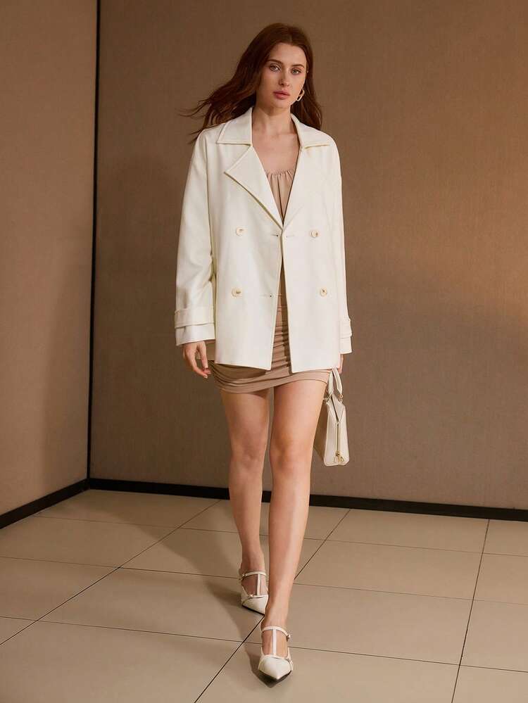 ELEGANT BEIGE DOUBLE-BREASTED COAT, CASUAL FOR NEW YEAR, AUTUMN/WINTER
